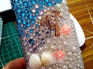 Ocean Blue Handmade Bling Crystal Diamonds Rhinestone & Pearl Soft Phone Back Case