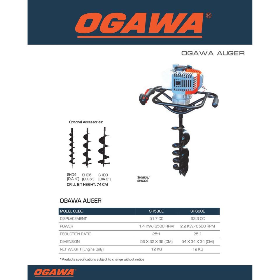 Ogawa SH580E Auger Machine c/w 3 auger bit (4″/6″/8″) Mesin Gerudi Lubang tanah tanam tiang pagar sawit